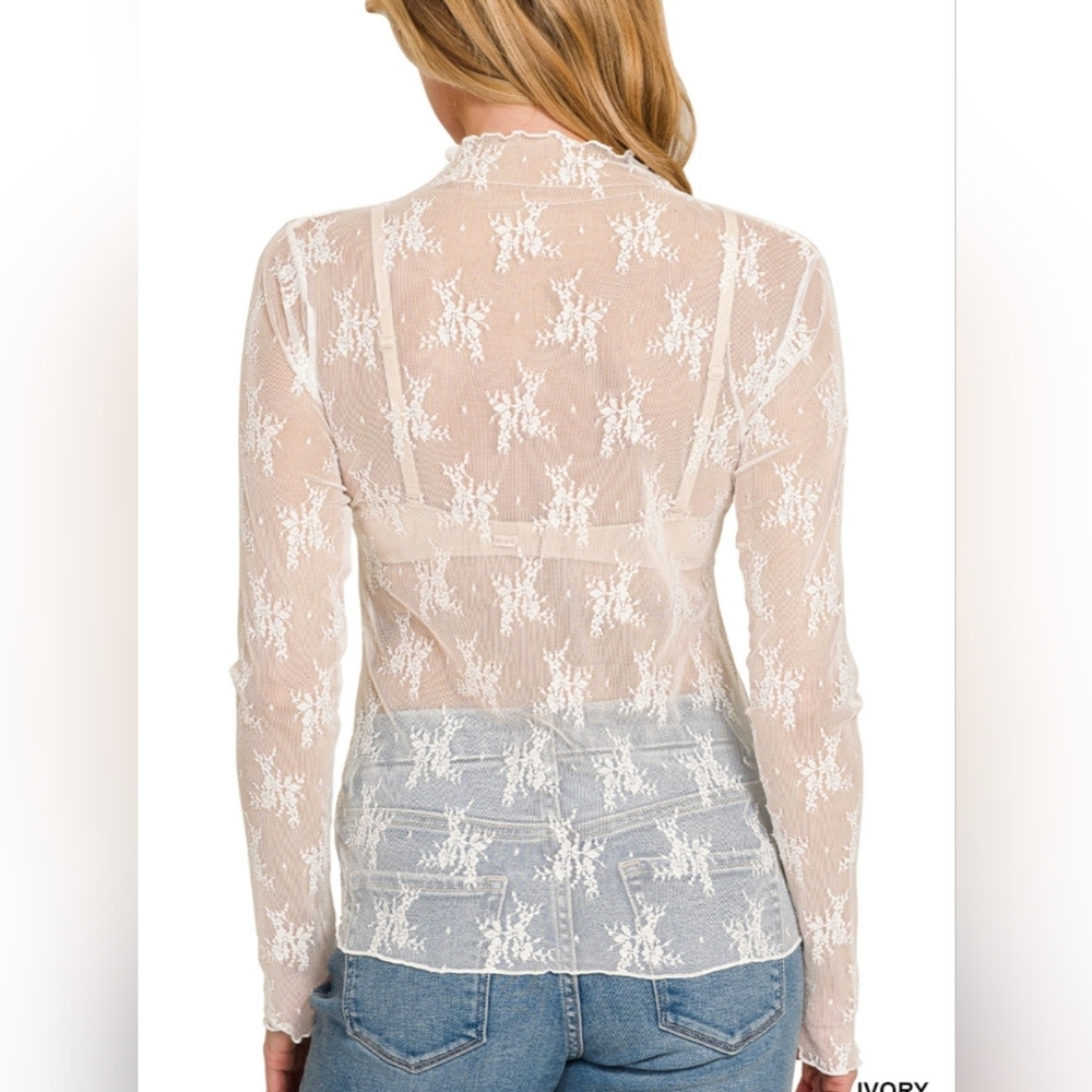 Z113 NWT Zenana Outfitters White Sheer Lace Long Sleeve Top Sz Sm Md Lg Stretch - Picture 4 of 8